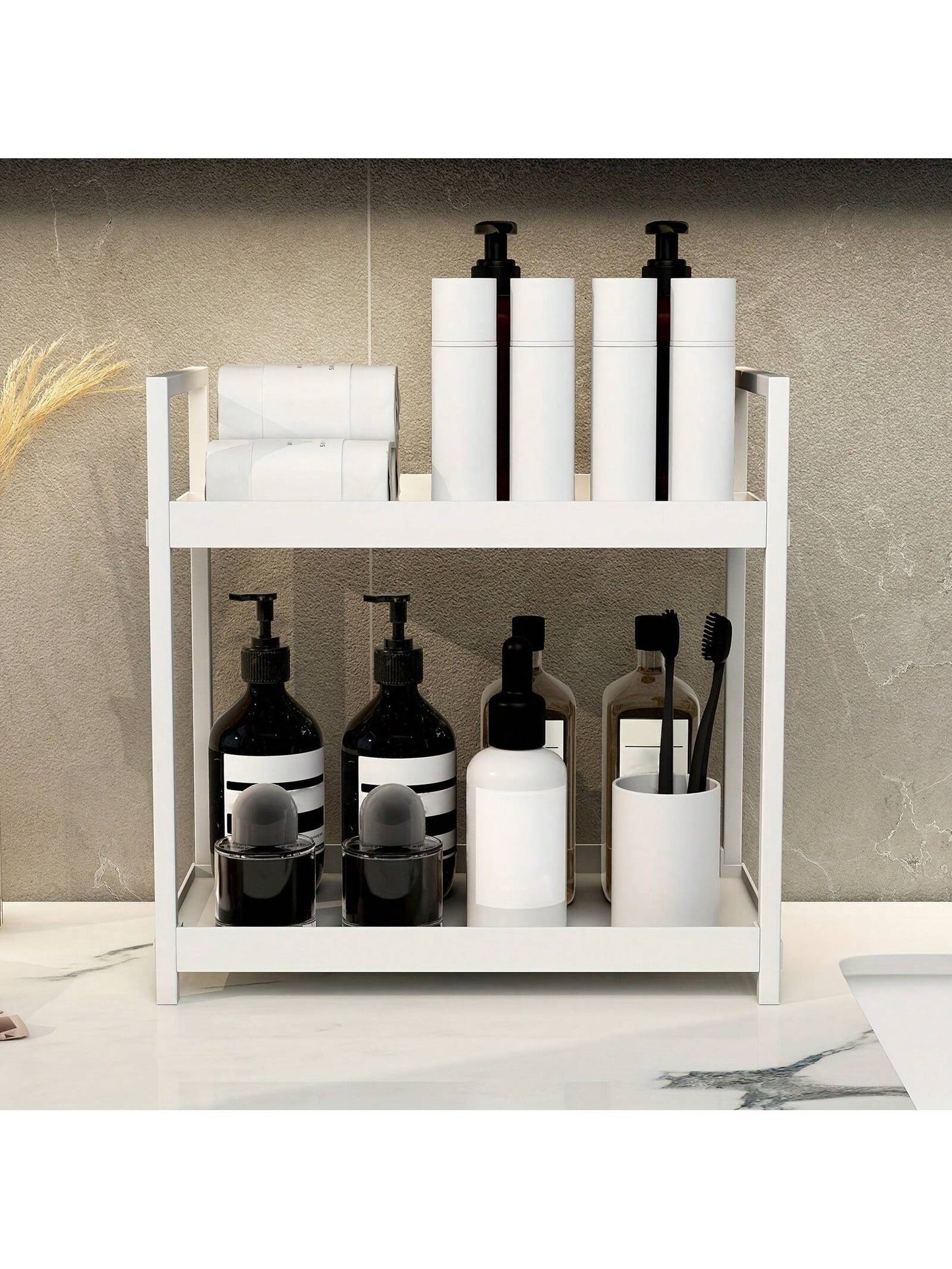 رف تخزين مزدوج الطبقة للحمام - قابل للوضع على الرف الفضائي و تنظيم أدوات التجميل والمكياج - حامل لتنظيم التوابل في المطبخ