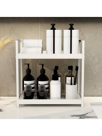 رف تخزين مزدوج الطبقة للحمام - قابل للوضع على الرف الفضائي و تنظيم أدوات التجميل والمكياج - حامل لتنظيم التوابل في المطبخ