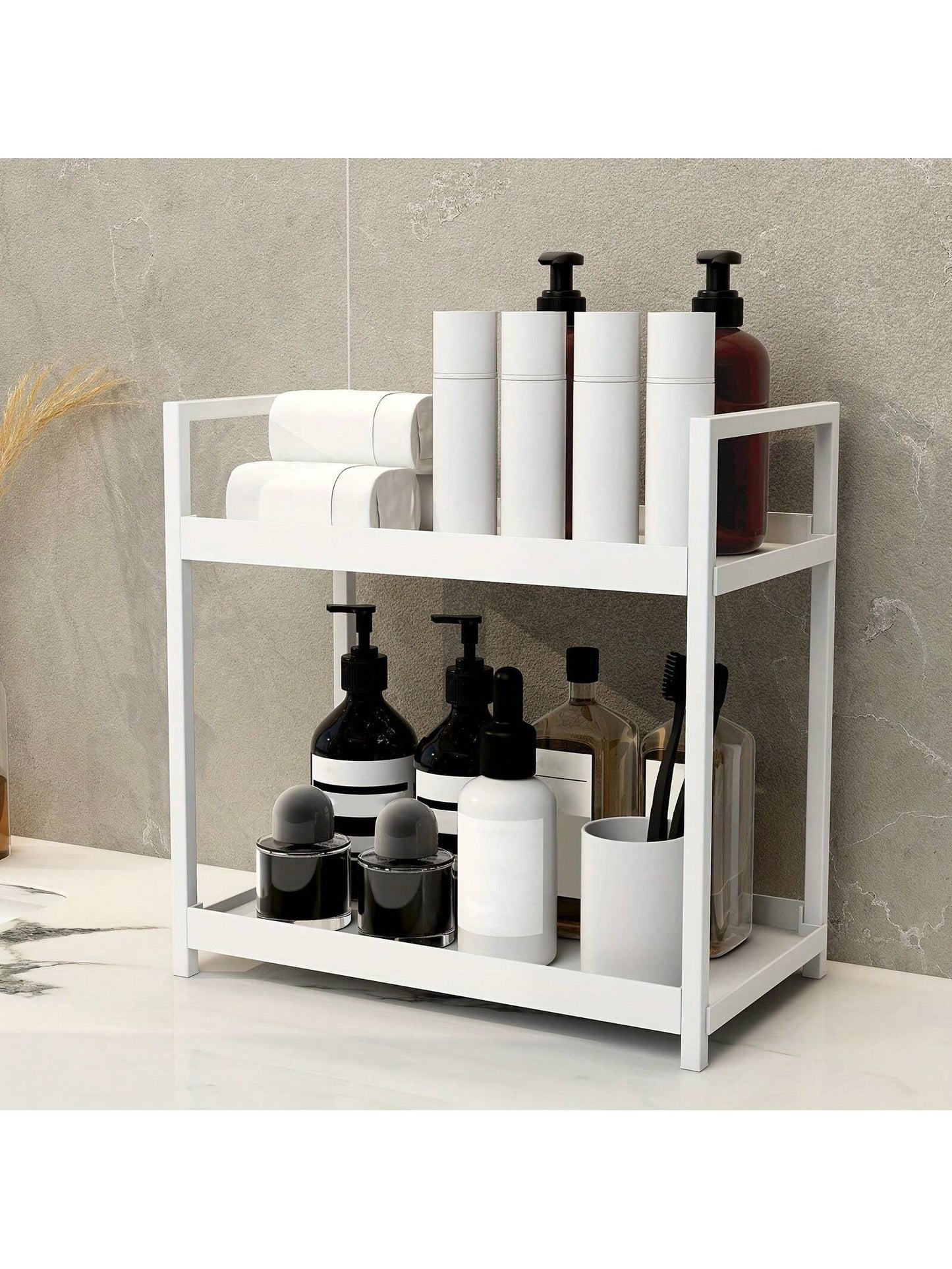 رف تخزين مزدوج الطبقة للحمام - قابل للوضع على الرف الفضائي و تنظيم أدوات التجميل والمكياج - حامل لتنظيم التوابل في المطبخ