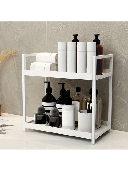رف تخزين مزدوج الطبقة للحمام - قابل للوضع على الرف الفضائي و تنظيم أدوات التجميل والمكياج - حامل لتنظيم التوابل في المطبخ