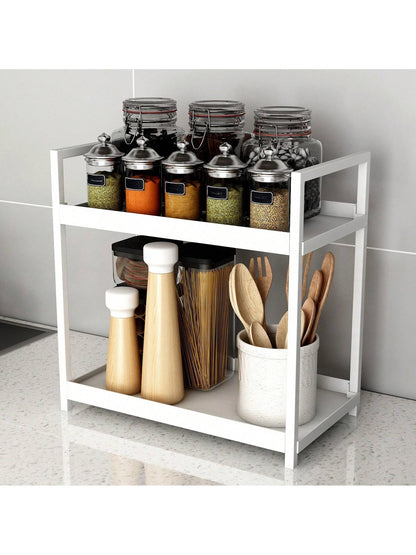 رف تخزين مزدوج الطبقة للحمام - قابل للوضع على الرف الفضائي و تنظيم أدوات التجميل والمكياج - حامل لتنظيم التوابل في المطبخ