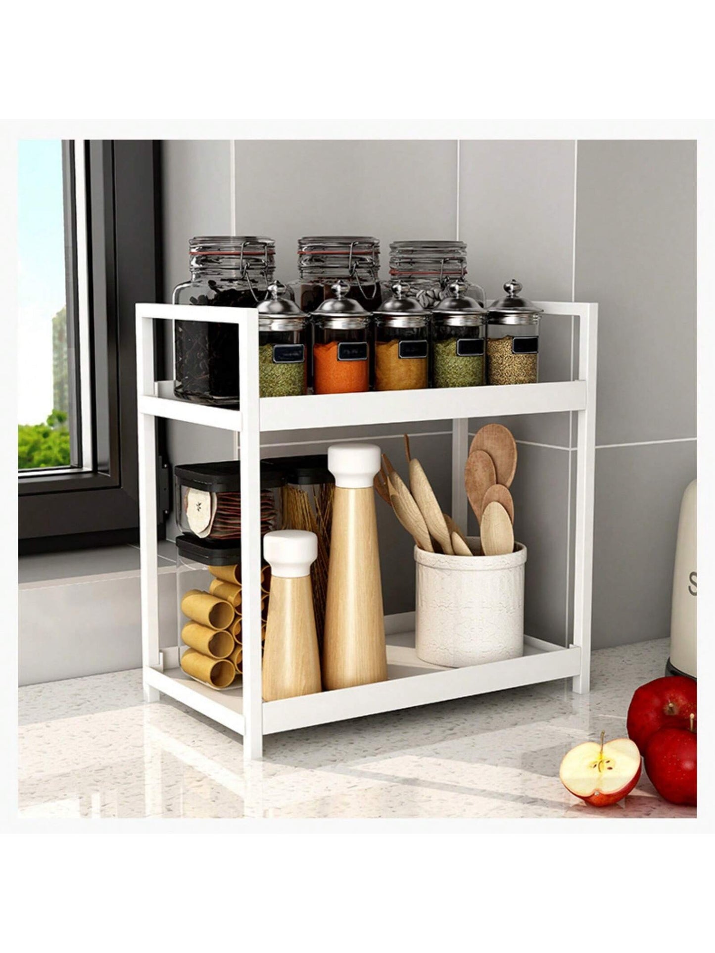 رف تخزين مزدوج الطبقة للحمام - قابل للوضع على الرف الفضائي و تنظيم أدوات التجميل والمكياج - حامل لتنظيم التوابل في المطبخ