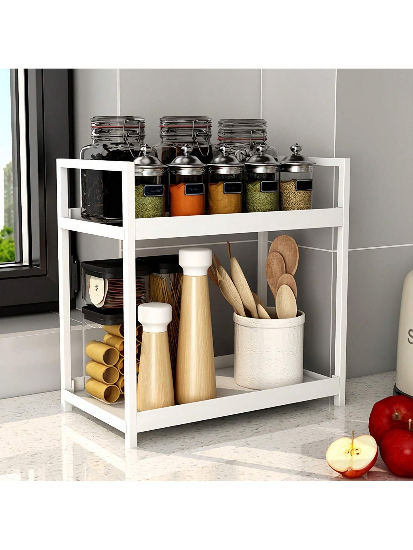 رف تخزين مزدوج الطبقة للحمام - قابل للوضع على الرف الفضائي و تنظيم أدوات التجميل والمكياج - حامل لتنظيم التوابل في المطبخ
