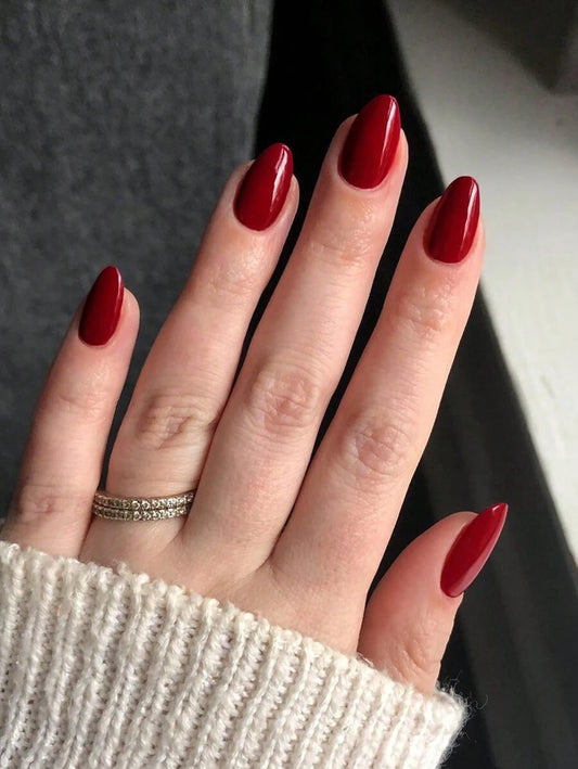 مجموعة الأظافر اللاصقة القصيرة 24 قطعة شكل بيضوي بلون أحمر