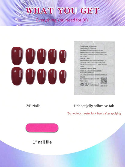 مجموعة الأظافر اللاصقة القصيرة 24 قطعة شكل بيضوي بلون أحمر