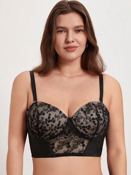 حمالة صدر مطرز بأزهار ادخال شبكي حلقة معدني مع قابل للإزالة حزام مقاس كبير