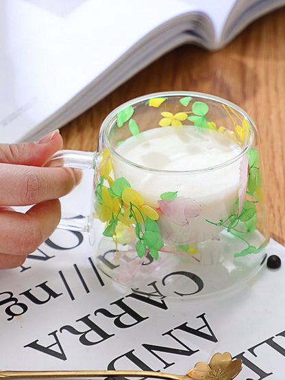 كوب زجاجي مزدوج الطبقات بأزهار حقيقية، بأسلوب بسيط، و كوب زجاجي عالي الجودة عبر الحدود الزجاج البورسليكات المزدوج الطبقات