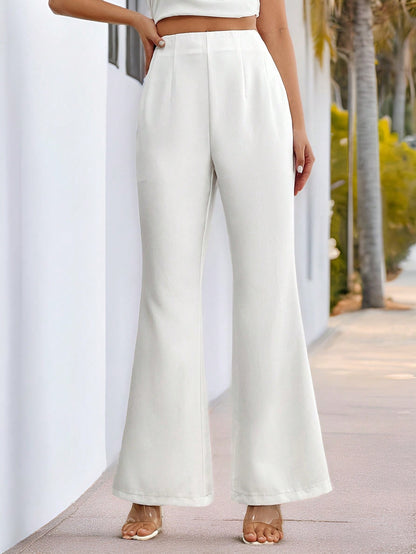 سروال نسائي عالي الخصر عريض مطوي بأسفل بسيط وأنيق بلون صلب