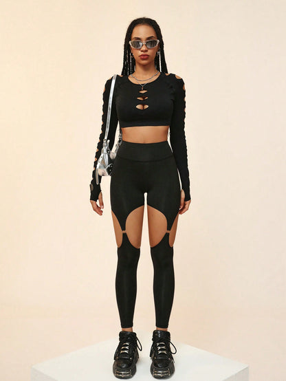 بنطلون ضيق رياضي واسع عند الخصر مُجوف بلون صلب للصيف العصري