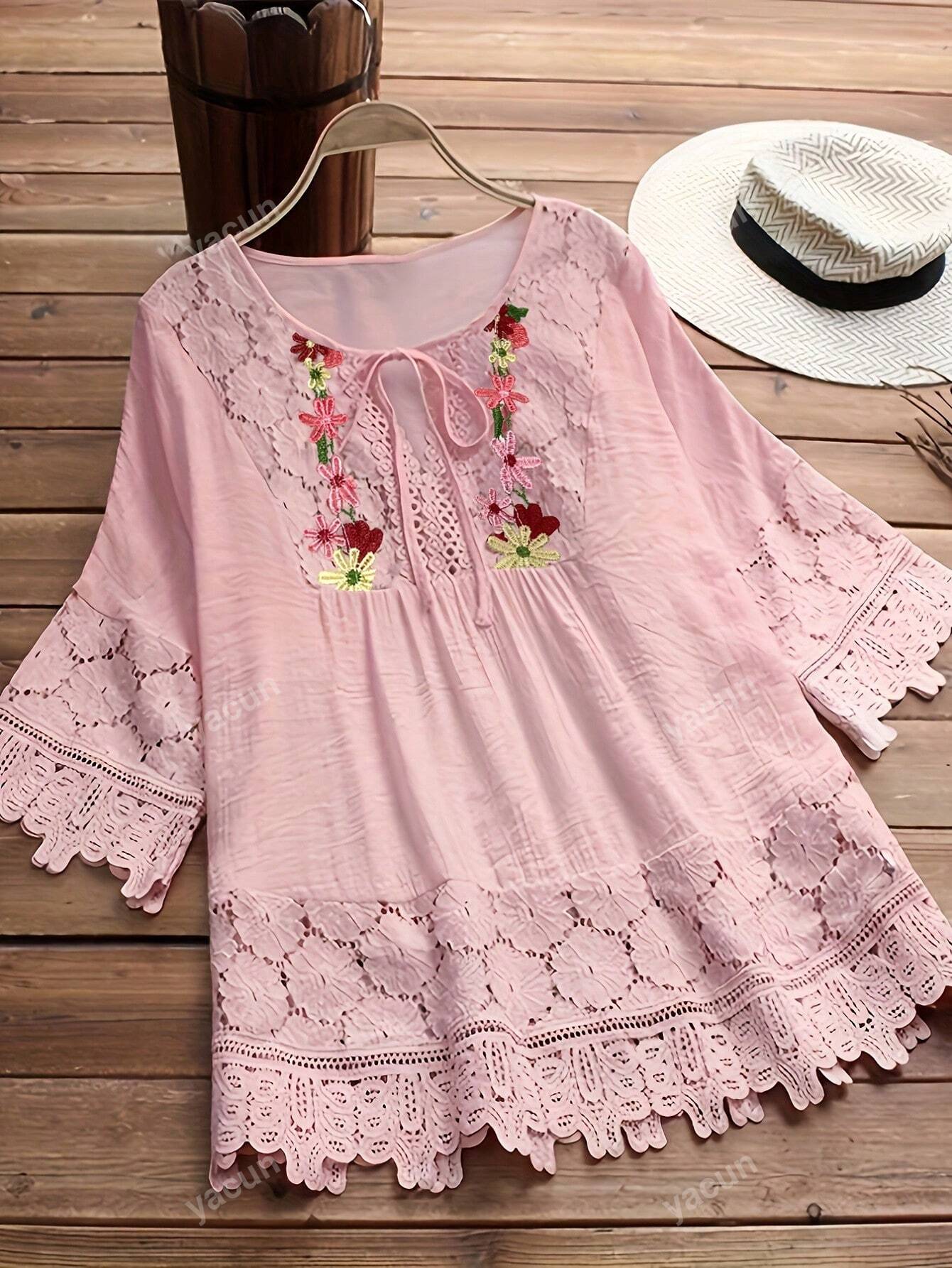 قميص نسائي بأكمام طويلة مزين بصدف من الدانتيل