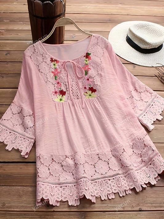 قميص نسائي بأكمام طويلة مزين بصدف من الدانتيل