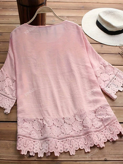 قميص نسائي بأكمام طويلة مزين بصدف من الدانتيل