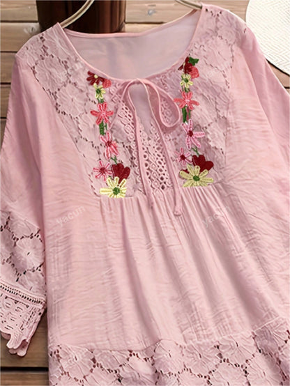 قميص نسائي بأكمام طويلة مزين بصدف من الدانتيل