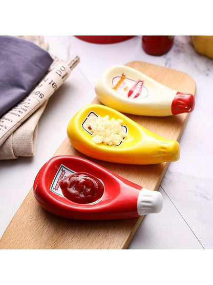 قطعة واحدة من أطباق وأوعية السيراميك المصممة على شكل زجاجة الكاتشب مُعدة للغمس في صلصة الصويا، أطباق التوابل والخردل مناسبة للمنزل والمطاعم، آمنة للغسل في غسالة الصحون، لوازم مدرسية، العودة إلى المدرسة