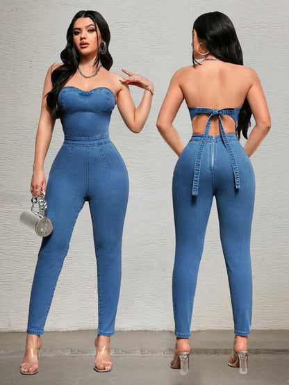 بدلة جينز أنيقة برباط بدون أشرطة بظهرٍ مكشوفٍ بلونٍ صامد وتدرج صبغي جذاب