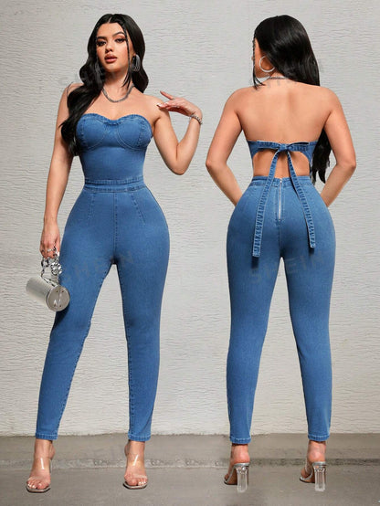 بدلة جينز أنيقة برباط بدون أشرطة بظهرٍ مكشوفٍ بلونٍ صامد وتدرج صبغي جذاب