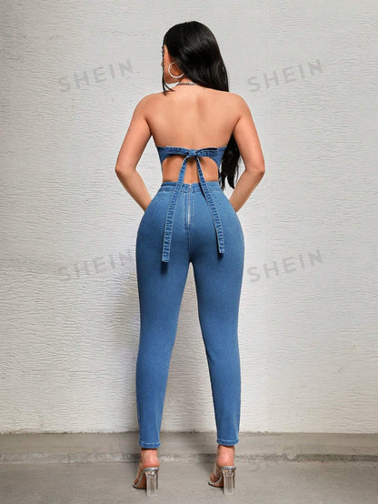 بدلة جينز أنيقة برباط بدون أشرطة بظهرٍ مكشوفٍ بلونٍ صامد وتدرج صبغي جذاب