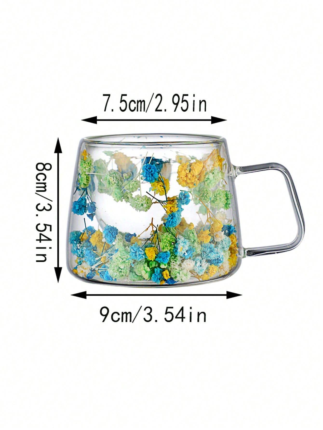 كوب زجاجي ثنائي الطبقات عالي القيمة وإبداعي بمقبض مقاوم للحرارة مع وجود أزهار ورمل داخليان، مثالي للقهوة والحليب في المنزل.