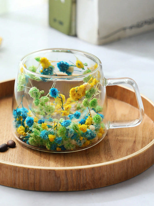 كوب زجاجي ثنائي الطبقات عالي القيمة وإبداعي بمقبض مقاوم للحرارة مع وجود أزهار ورمل داخليان، مثالي للقهوة والحليب في المنزل.