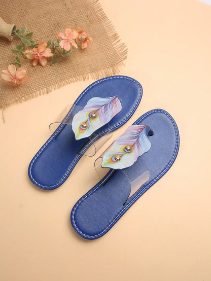 شبشب نسائي صيفي مسطح جديد ، فليب فلوب طبعة ريش موضة، صنادل شاطئية متعددة الاستخدامات