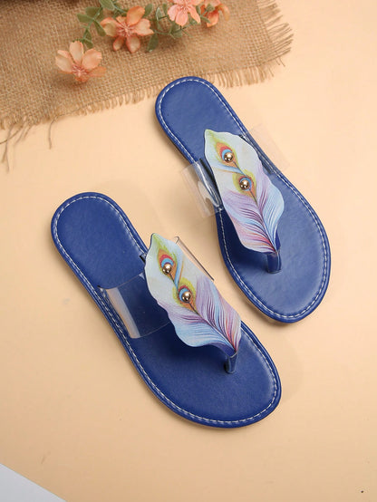 شبشب نسائي صيفي مسطح جديد ، فليب فلوب طبعة ريش موضة، صنادل شاطئية متعددة الاستخدامات