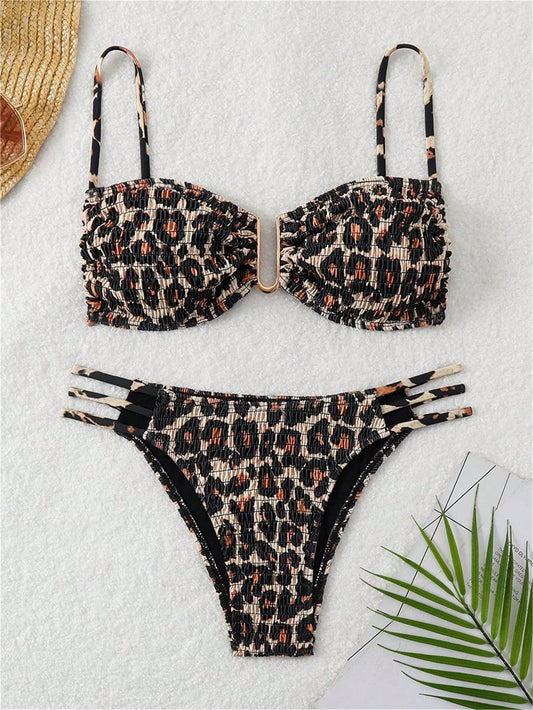 مجموعة بيكيني بطبعة فهد نسائية لصيف الشاطئ بأسلوب باندو مع ربطة حلقية على شكل حرف U، طبعة عشوائية