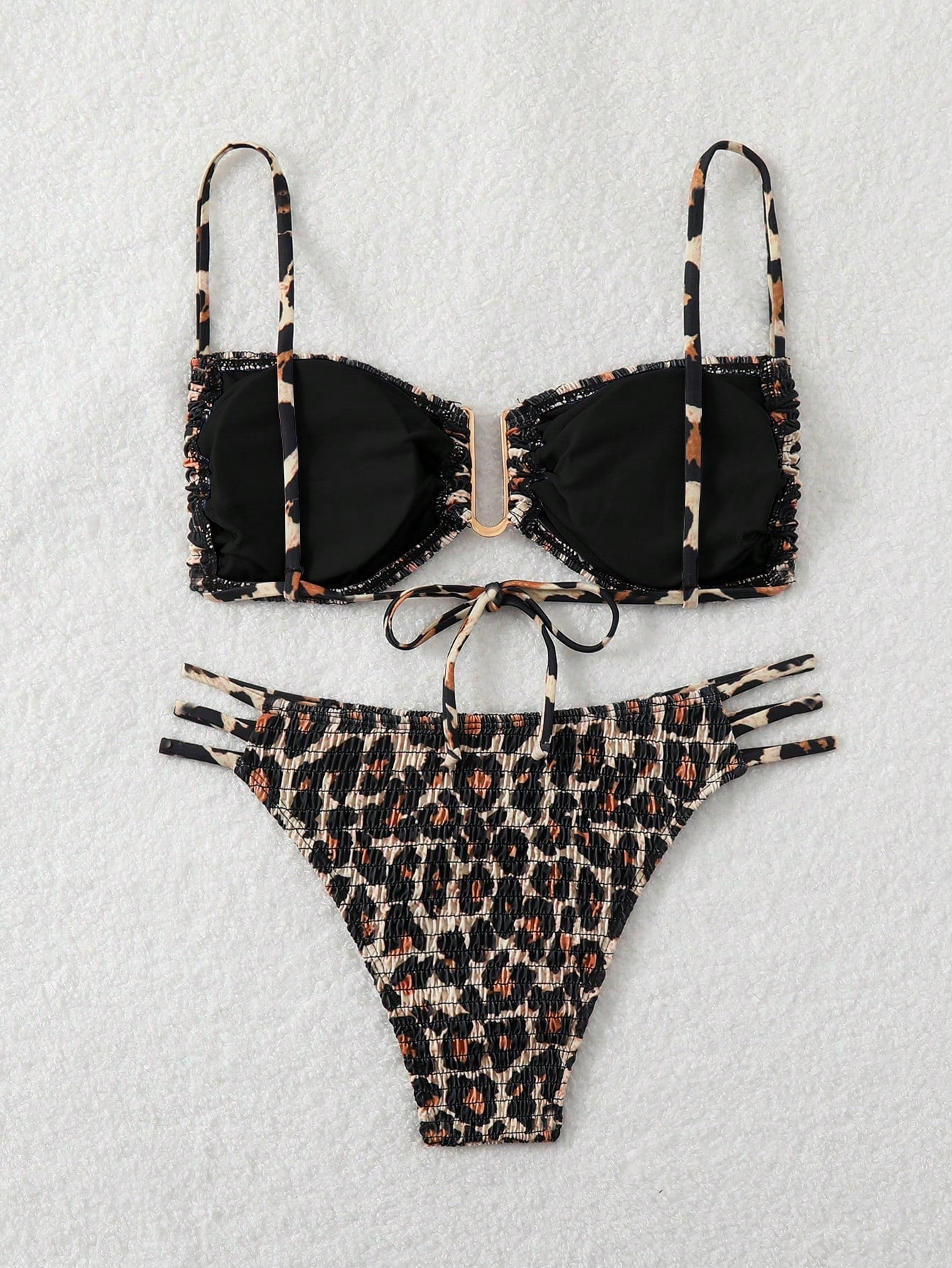 مجموعة بيكيني بطبعة فهد نسائية لصيف الشاطئ بأسلوب باندو مع ربطة حلقية على شكل حرف U، طبعة عشوائية