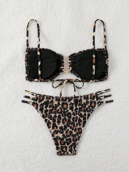 مجموعة بيكيني بطبعة فهد نسائية لصيف الشاطئ بأسلوب باندو مع ربطة حلقية على شكل حرف U، طبعة عشوائية