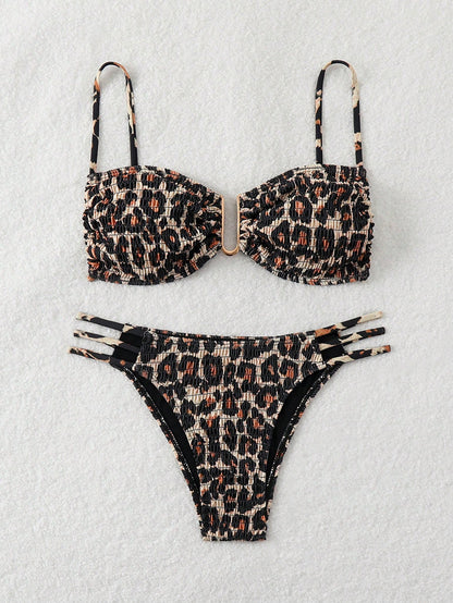 مجموعة بيكيني بطبعة فهد نسائية لصيف الشاطئ بأسلوب باندو مع ربطة حلقية على شكل حرف U، طبعة عشوائية