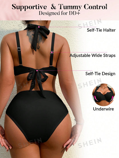 بيكيني عنق معلق موحد اللون للنساء مع مجموعة ملابس سباحة منفصلة، شاطئ الصيف