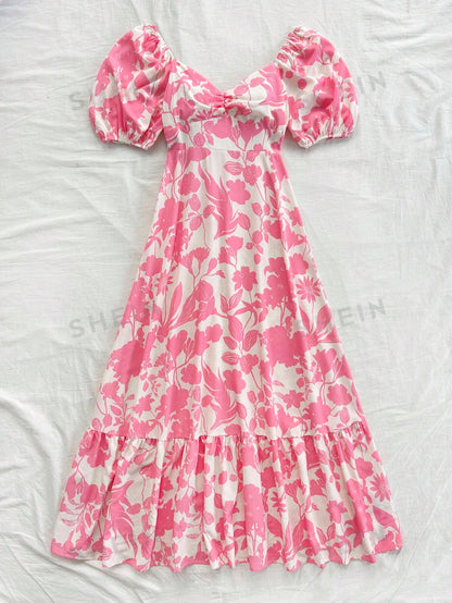 فستان كاجوال للنساء بطبعة العطلة، أكمام منفوشة وذيل مكرر، طرف مزدوج اللون رومانسي لحفل الزفاف أو العودة للمدرسة, وردي وأبيض