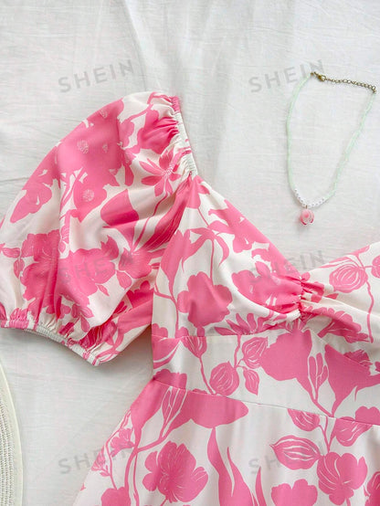 فستان كاجوال للنساء بطبعة العطلة، أكمام منفوشة وذيل مكرر، طرف مزدوج اللون رومانسي لحفل الزفاف أو العودة للمدرسة, وردي وأبيض