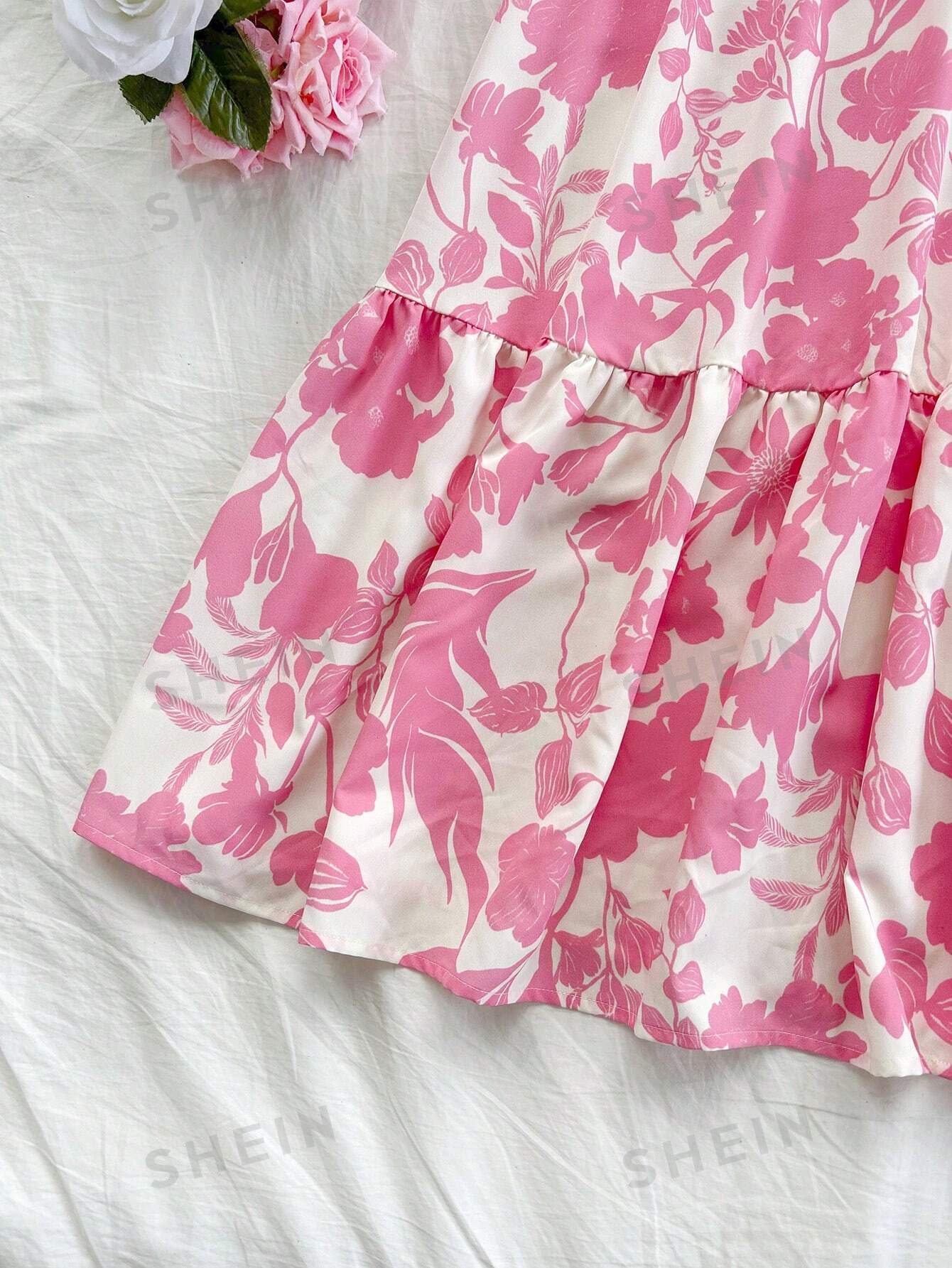 فستان كاجوال للنساء بطبعة العطلة، أكمام منفوشة وذيل مكرر، طرف مزدوج اللون رومانسي لحفل الزفاف أو العودة للمدرسة, وردي وأبيض