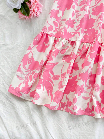 فستان كاجوال للنساء بطبعة العطلة، أكمام منفوشة وذيل مكرر، طرف مزدوج اللون رومانسي لحفل الزفاف أو العودة للمدرسة, وردي وأبيض