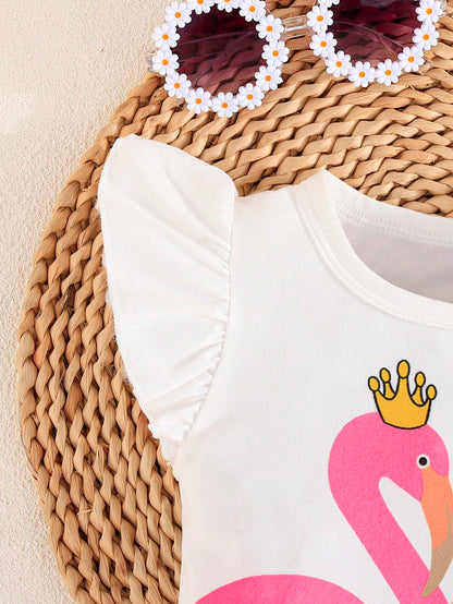 مجموعة قطعتين صيفية للفتيات الرضع، مع أكمام طائرة، ملابس علوية مطبوعة برسمة حصان ذو شكل جذاب، وشورت كاجوال بحاشية مكشكشة