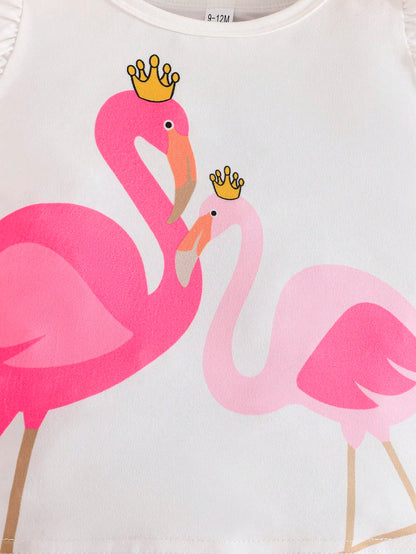 مجموعة قطعتين صيفية للفتيات الرضع، مع أكمام طائرة، ملابس علوية مطبوعة برسمة حصان ذو شكل جذاب، وشورت كاجوال بحاشية مكشكشة