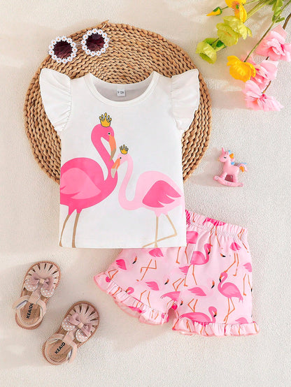 مجموعة قطعتين صيفية للفتيات الرضع، مع أكمام طائرة، ملابس علوية مطبوعة برسمة حصان ذو شكل جذاب، وشورت كاجوال بحاشية مكشكشة