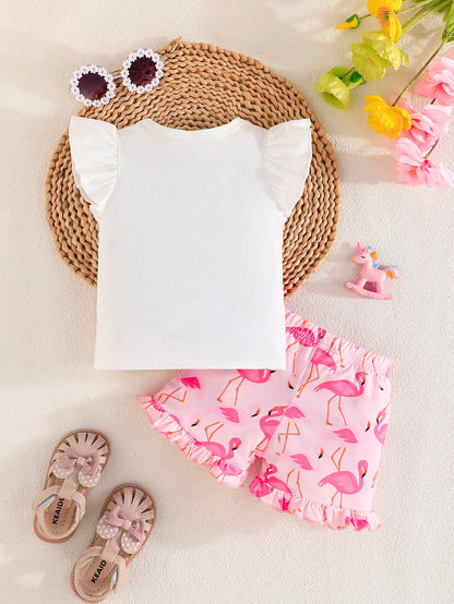 مجموعة قطعتين صيفية للفتيات الرضع، مع أكمام طائرة، ملابس علوية مطبوعة برسمة حصان ذو شكل جذاب، وشورت كاجوال بحاشية مكشكشة