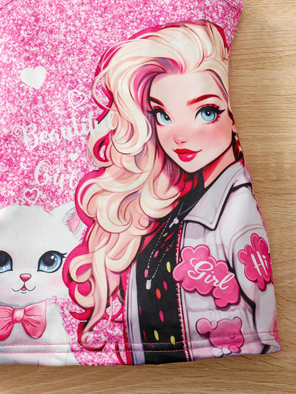 بدلة أطفال حديثي الولادة للفتيات مطبوع عليها رسمة قطة لطيفة مع حمالات، موضة