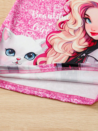 بدلة أطفال حديثي الولادة للفتيات مطبوع عليها رسمة قطة لطيفة مع حمالات، موضة