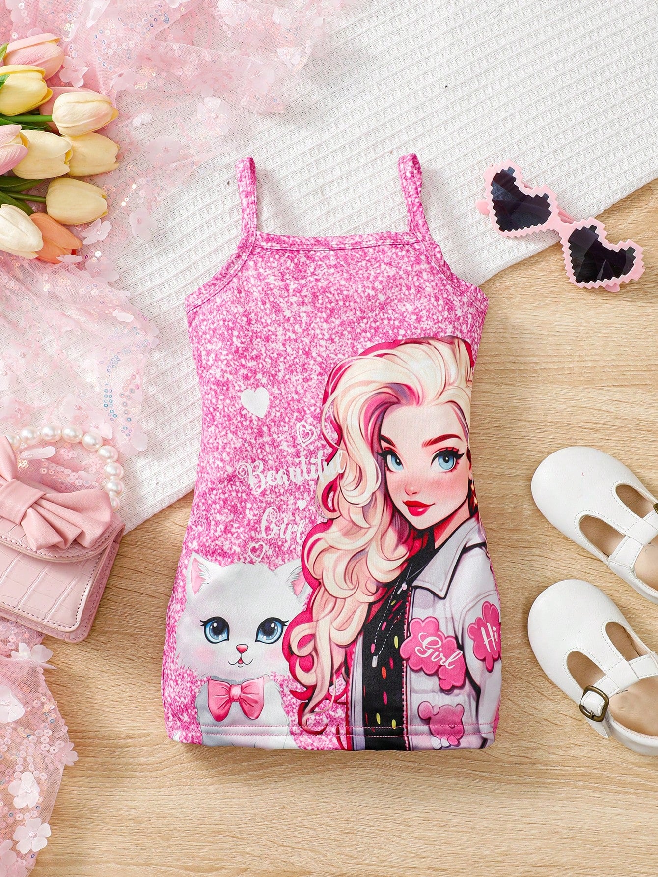 بدلة أطفال حديثي الولادة للفتيات مطبوع عليها رسمة قطة لطيفة مع حمالات، موضة