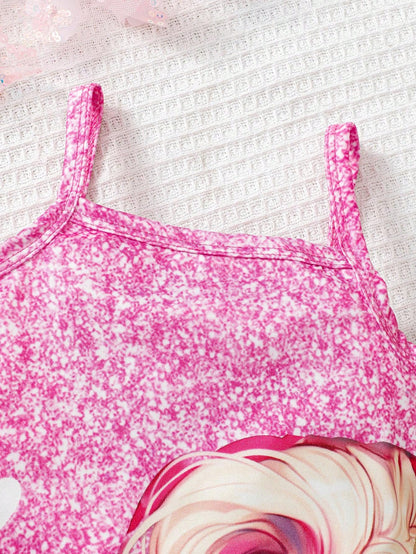 بدلة أطفال حديثي الولادة للفتيات مطبوع عليها رسمة قطة لطيفة مع حمالات، موضة