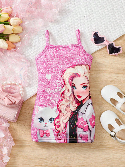 بدلة أطفال حديثي الولادة للفتيات مطبوع عليها رسمة قطة لطيفة مع حمالات، موضة