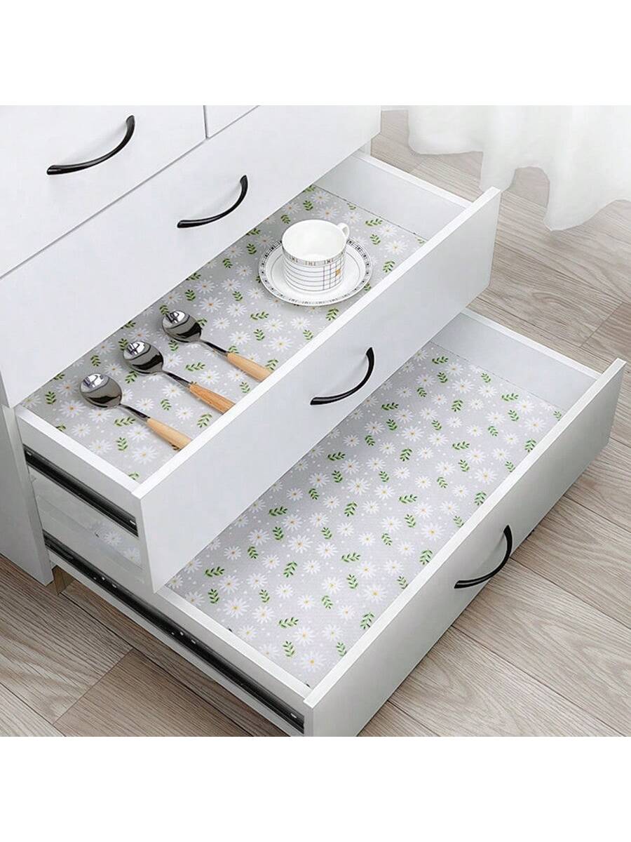 قطعة واحدة من بطانة درج مقاومة للرطوبة بطباعة الأقحوان للخزانة المطبخية، الطاولة