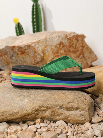 صندل نسائي مسطح مريح بنعل إسفنجي بألوان قوس قزح للشاطئ