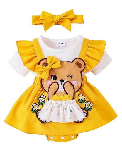 مجموعة بذلتين صيفية للأطفال الرضع بناتي، بنطلون قصير بأكمام طائر الفينة وخيوط دمية قطانية مع تطريزات زهرة وشريط شعر