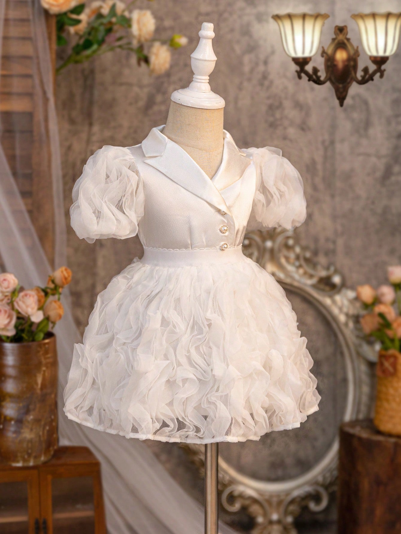 جاكيت جديد لرضيعات الأنثى بأكمام من الدانتيل الحريري والباتشورك، مع أزرار لؤلؤية وتنورة من الشبكة المجعدة لفصل الصيف