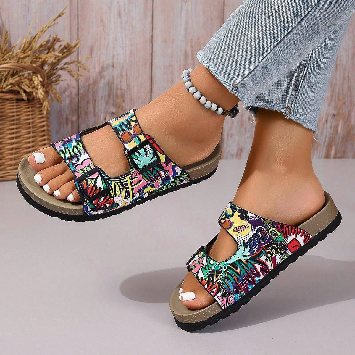 صندل خفيف الوزن سميك المرجان الناعم المسطح النعل الخارجي النعال ناعمة السطح بطبعة الفهد مع زيادة الارتفاع، مناسب للاستخدام في الشاطئ والمنزل