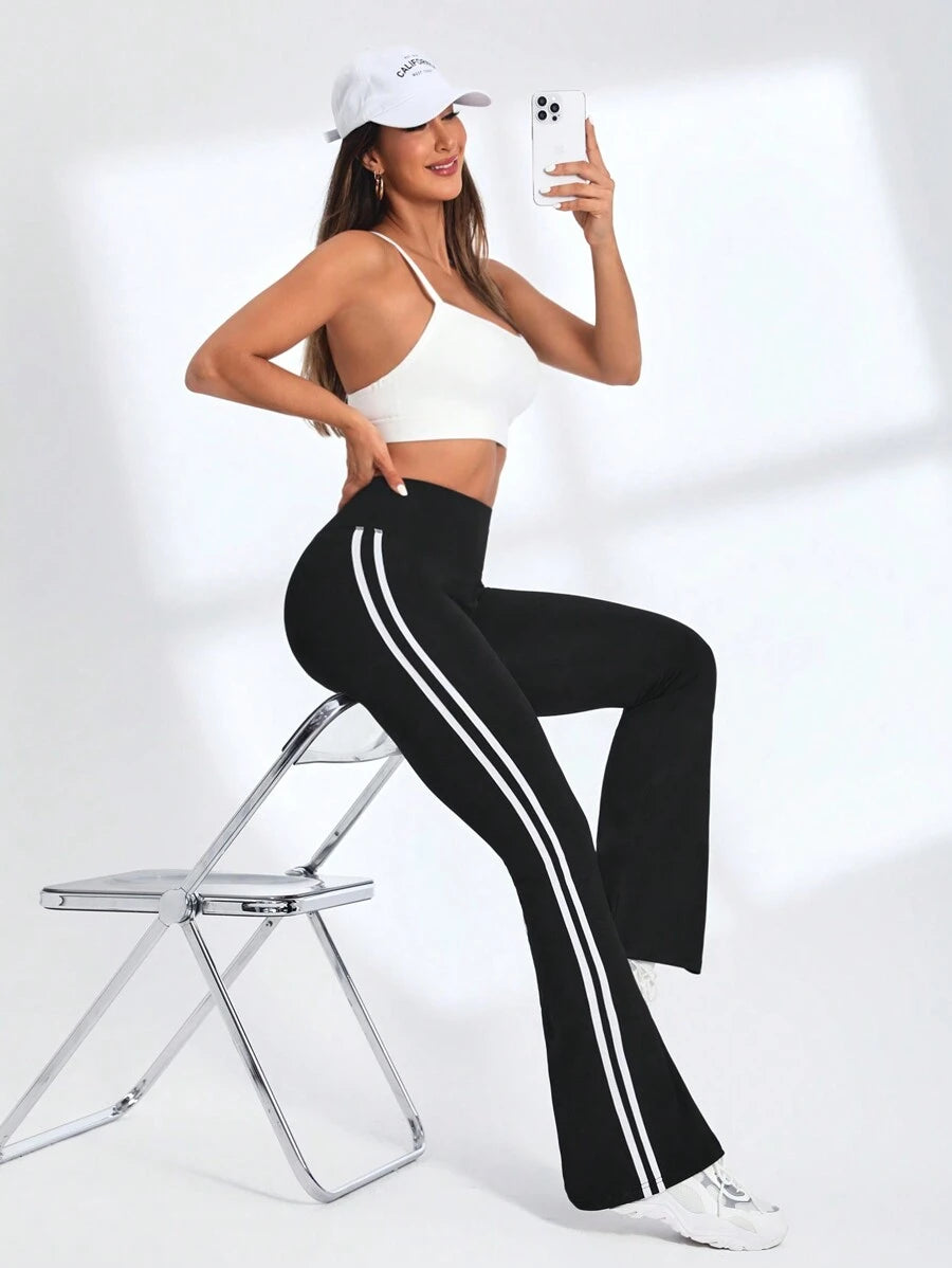 بنطلون رياضي كاجوال للنساء ذو خصر مرتفع وأرجل متسعة بشريط جانبي