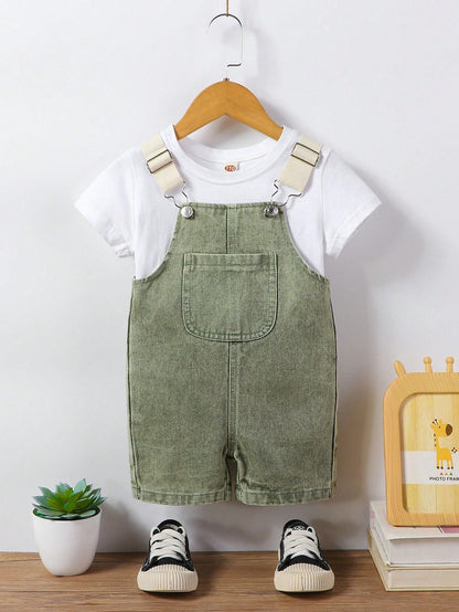 شورت رضيع صبي كاجوال عصري من الدنيم بحمالات